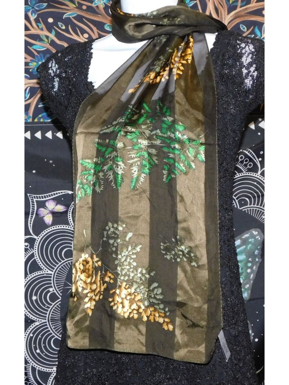Elaine Gold Silk Scarf With Floral Design In Green & Gold 60x11 Inches Collectio